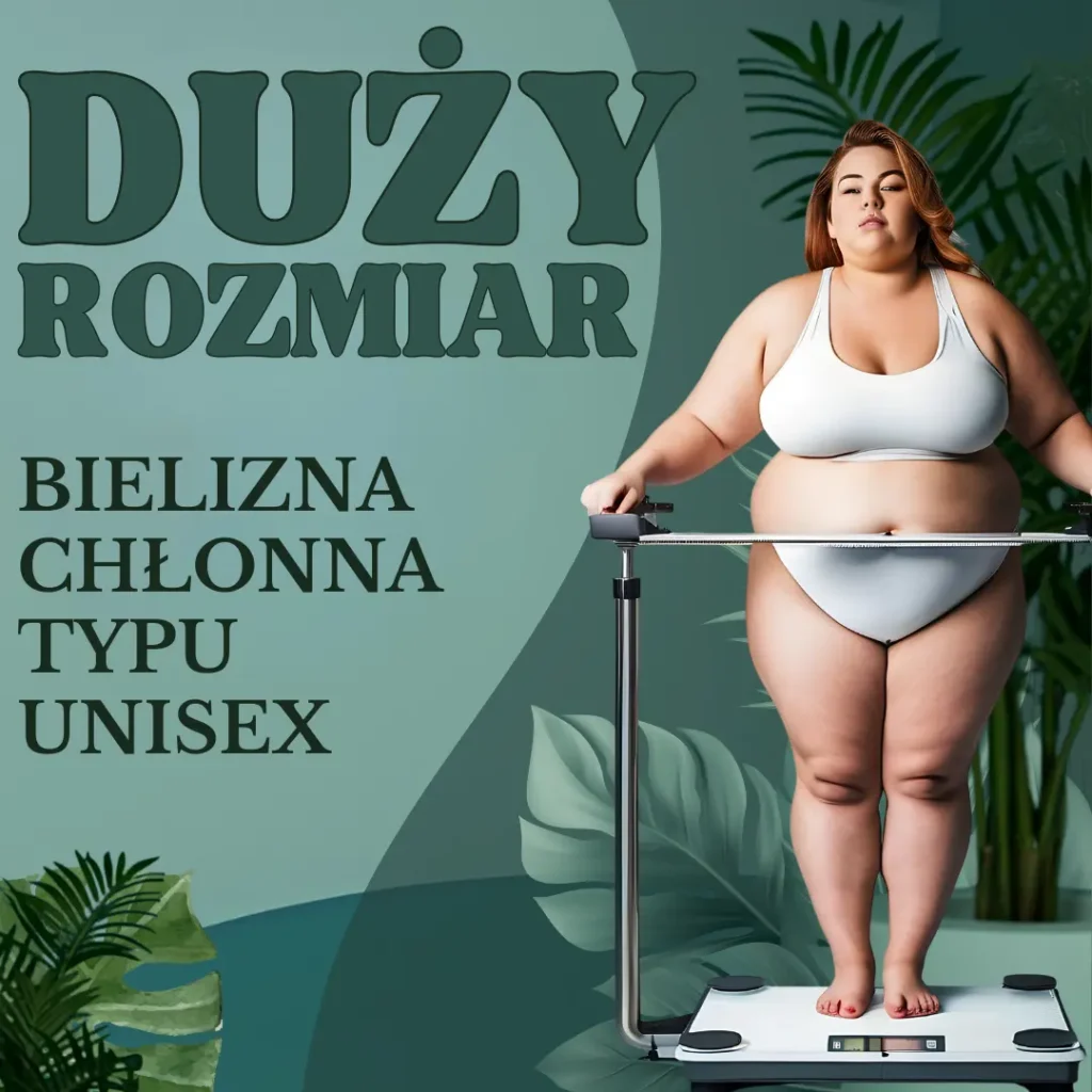 Modelka o sporej nadwadze reklamuje wielorazowego użytku bariatryczną bieliznę chłonną na nietrzymanie moczu, sugerując że dostepne są duże rozmiary