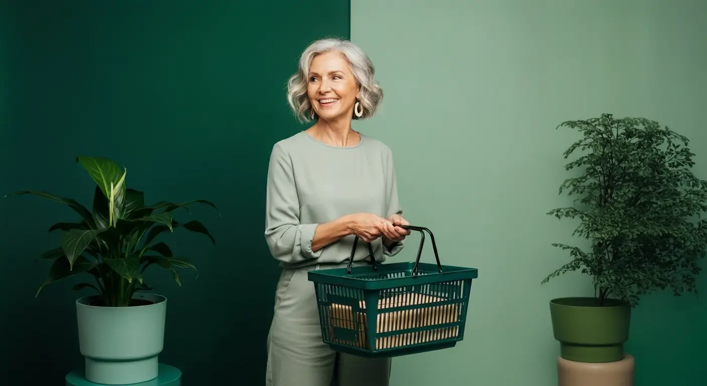 sklep z bielizną na nietrzymanie moczu - kobieta trzymająca koszyk zakupowy